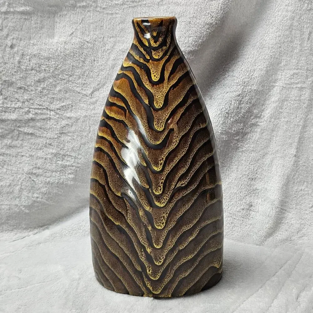 Studio Art Pottery Vase Tiger Stripe Chevron Glaze Wedge Form Brown Gold 12in